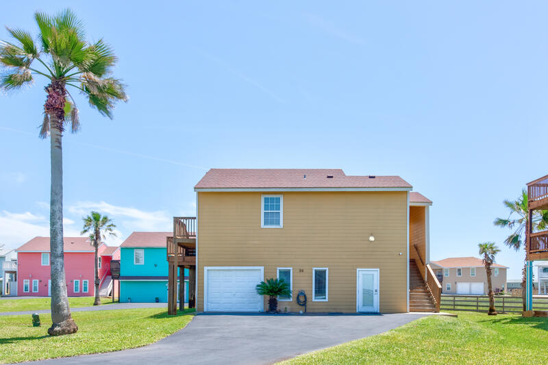 Front of the house with a palm tree and driveway