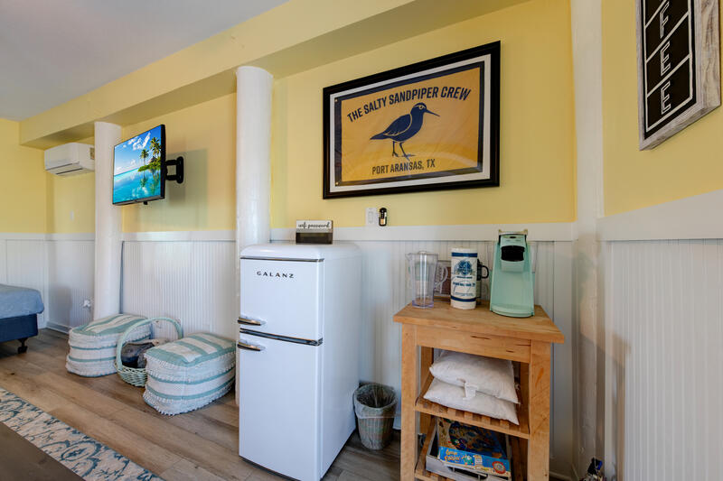 Mini fridge and coffee station on the first floor
